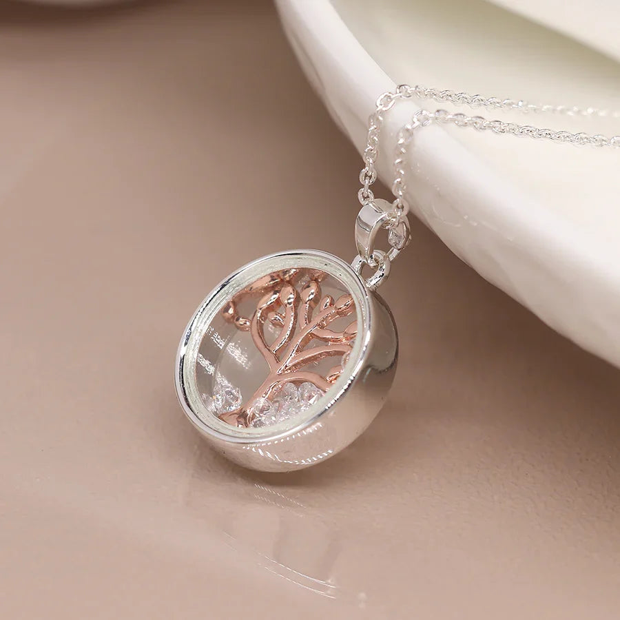 Circle Frame Necklace with Rose Gold Tree & Crystals