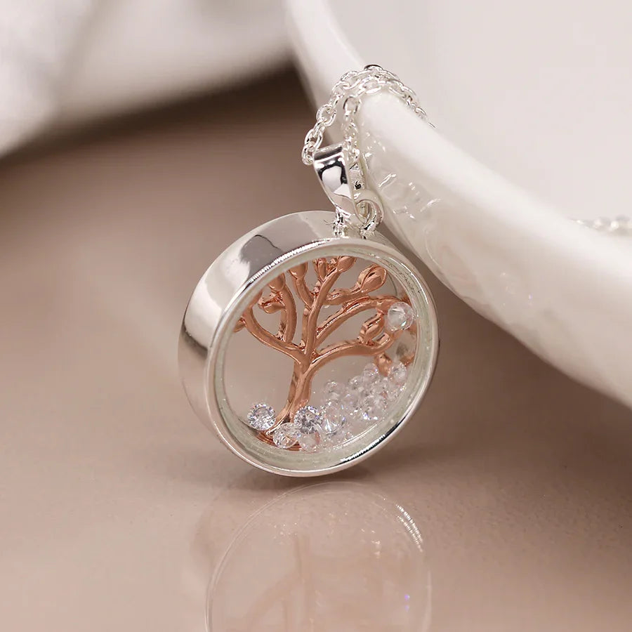 Circle Frame Necklace with Rose Gold Tree & Crystals