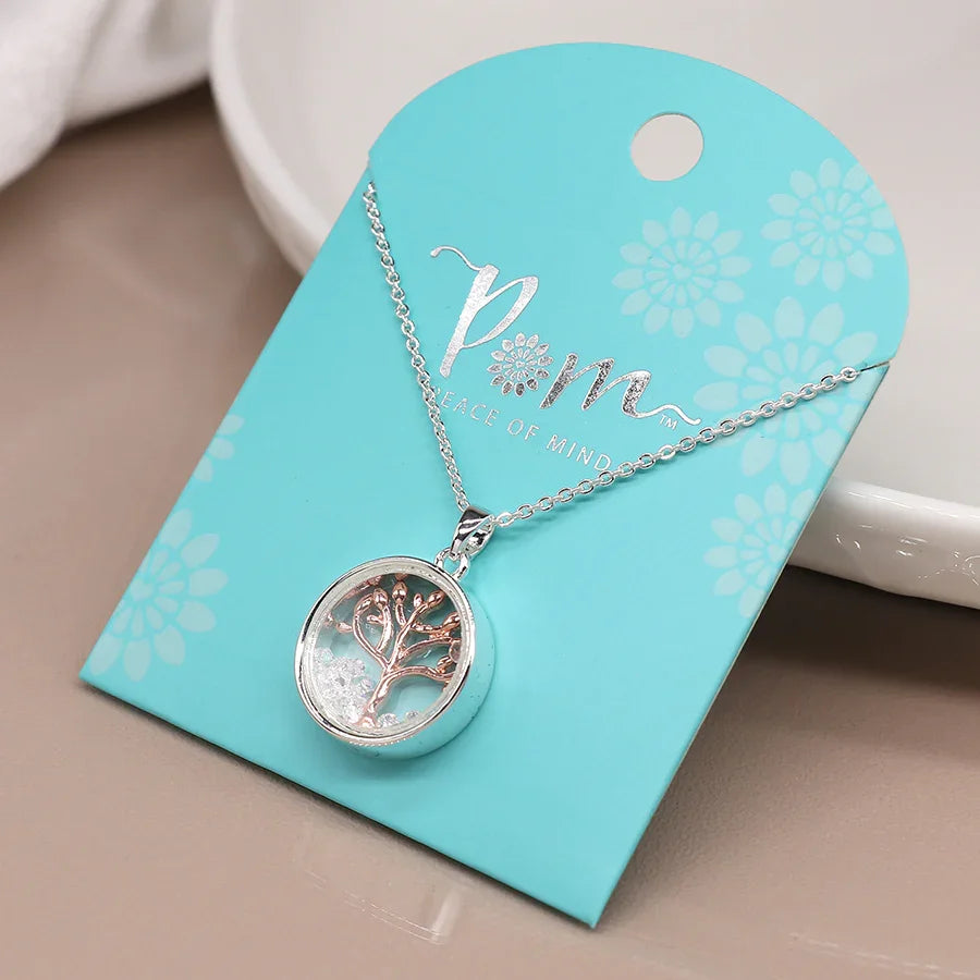 Circle Frame Necklace with Rose Gold Tree & Crystals