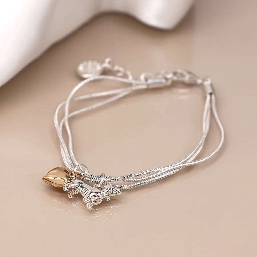 Silver Plated Triple Strand Golden Heart & Dachshund Bracelet