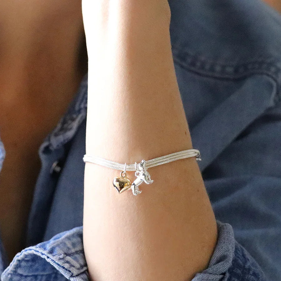 Silver Plated Triple Strand Golden Heart & Dachshund Bracelet