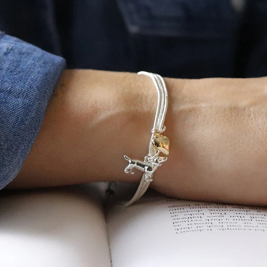 Silver Plated Triple Strand Golden Heart & Dachshund Bracelet