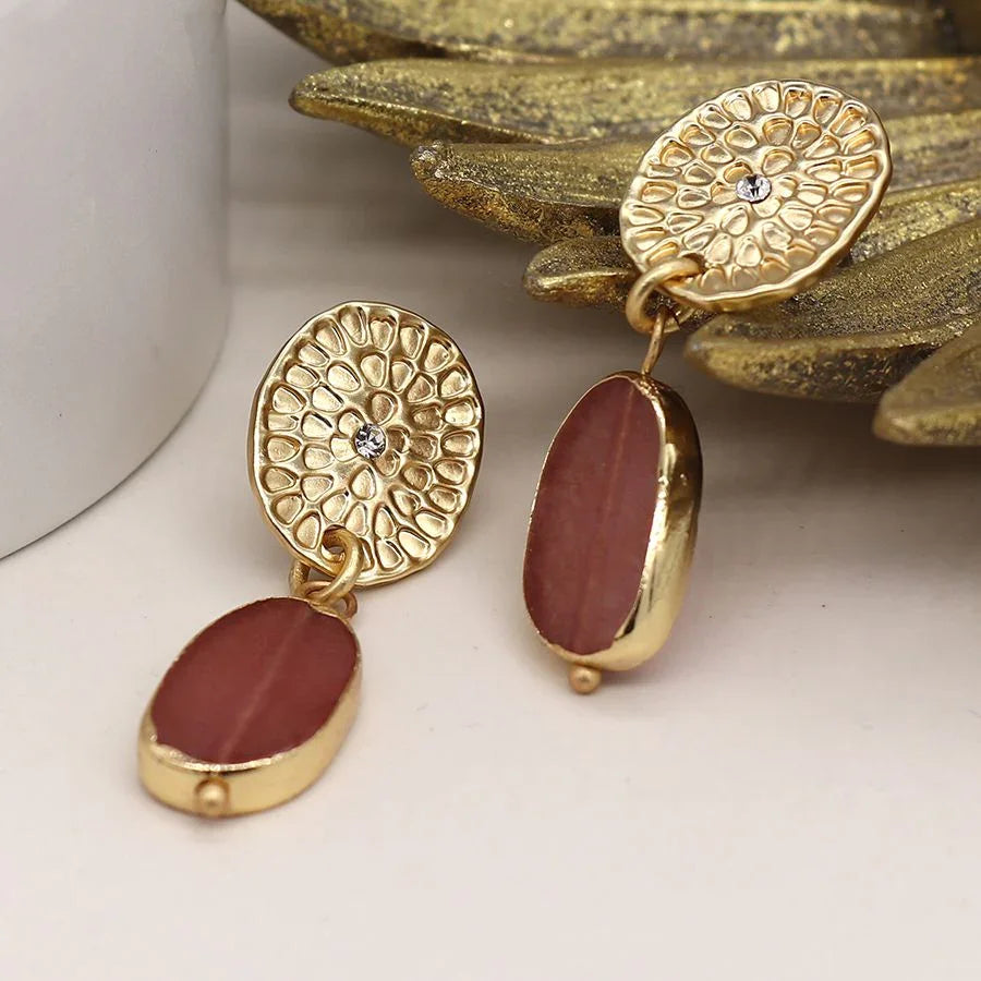 Golden Embossed Earrings With Rose Drops