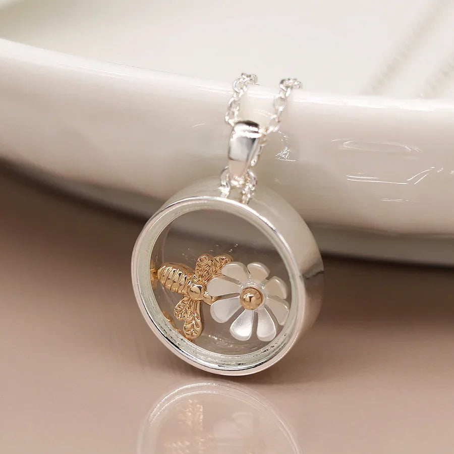 Silver Plated Circle Necklace with Golden Bee & Flower