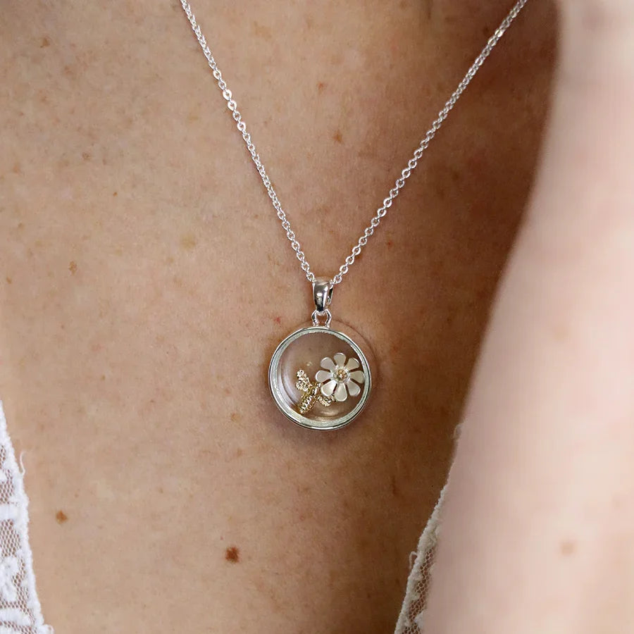 Silver Plated Circle Necklace with Golden Bee & Flower