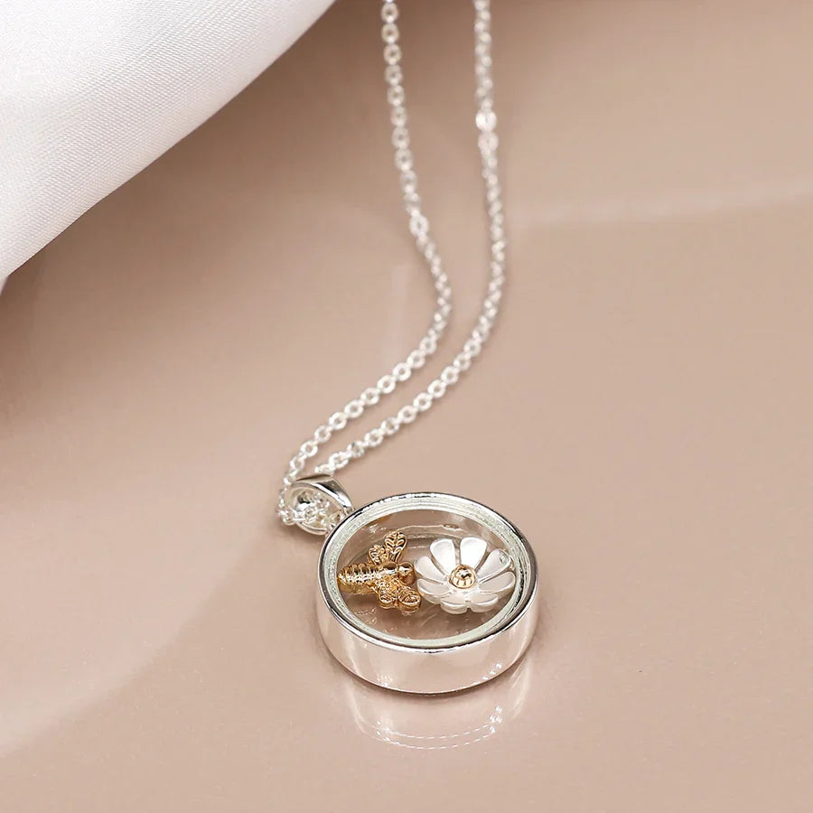 Silver Plated Circle Necklace with Golden Bee & Flower