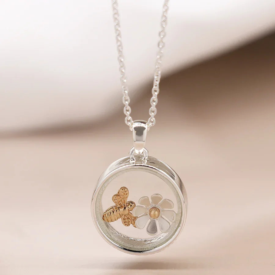 Silver Plated Circle Necklace with Golden Bee & Flower