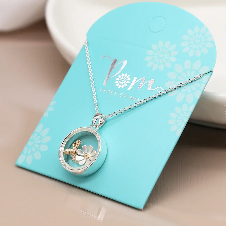 Silver Plated Circle Necklace with Golden Bee & Flower