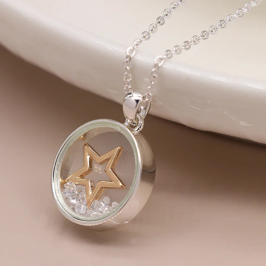 Silver Plated & Inner Golden Star & Crystals Necklace