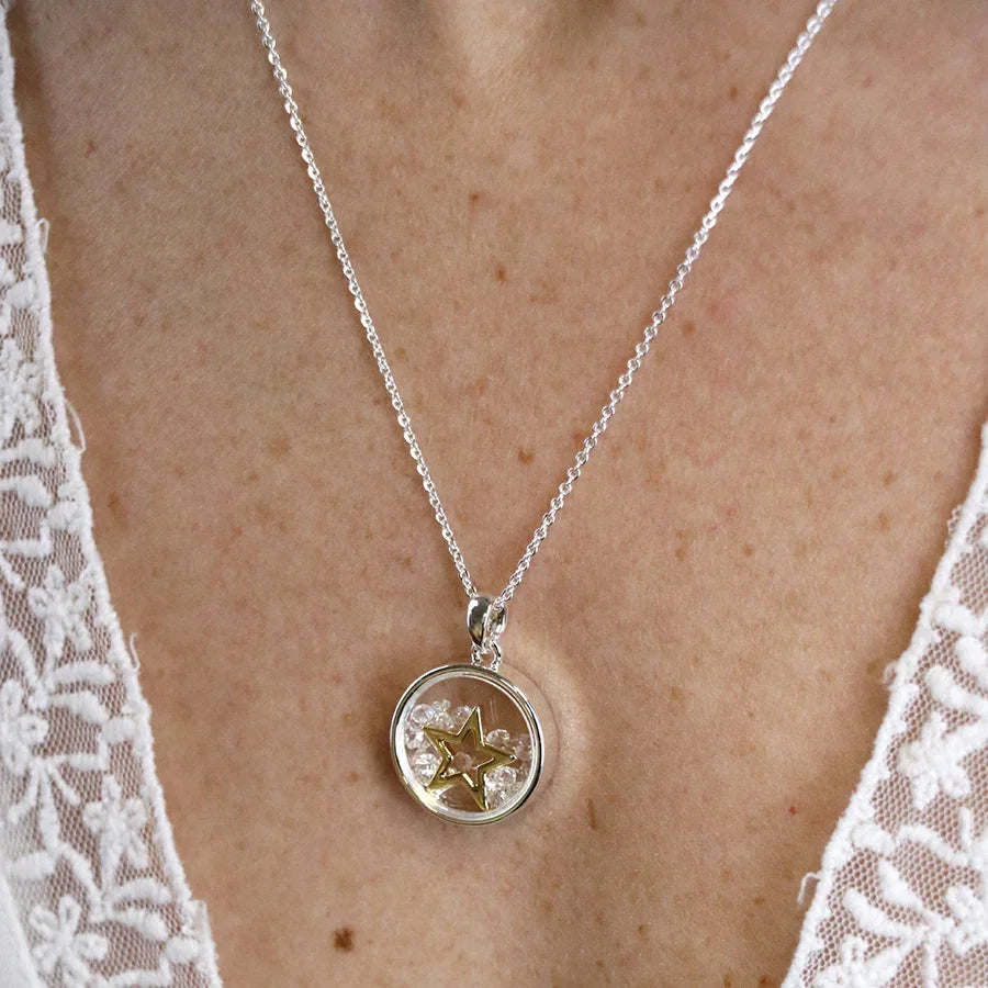 Silver Plated & Inner Golden Star & Crystals Necklace
