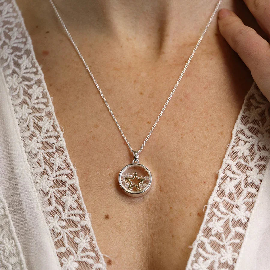 Silver Plated & Inner Golden Star & Crystals Necklace