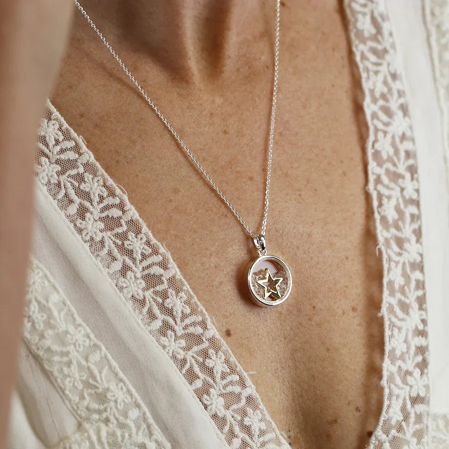 Silver Plated & Inner Golden Star & Crystals Necklace