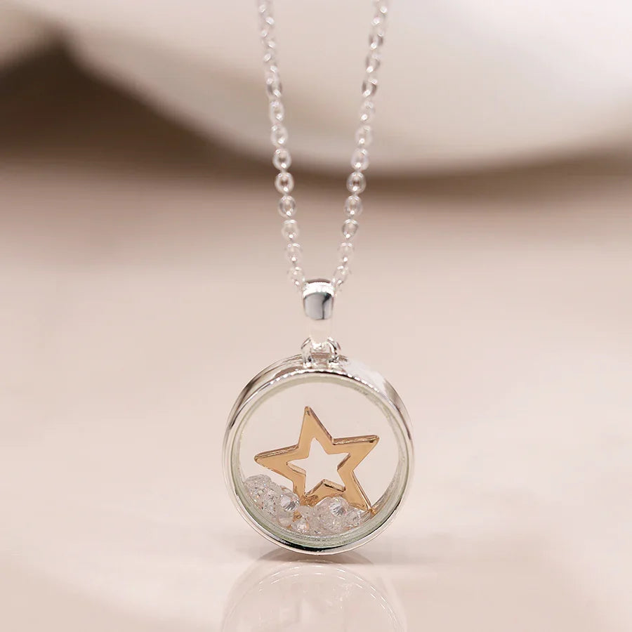 Silver Plated & Inner Golden Star & Crystals Necklace