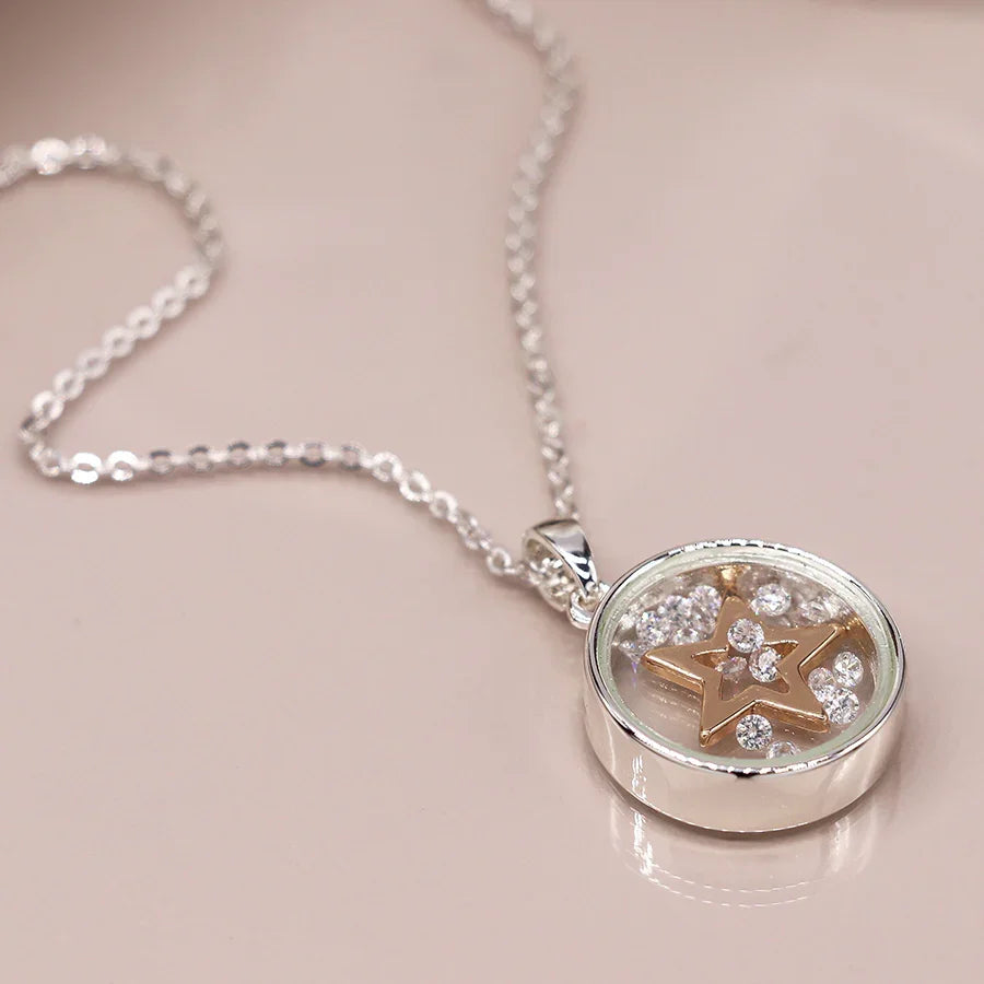 Silver Plated & Inner Golden Star & Crystals Necklace
