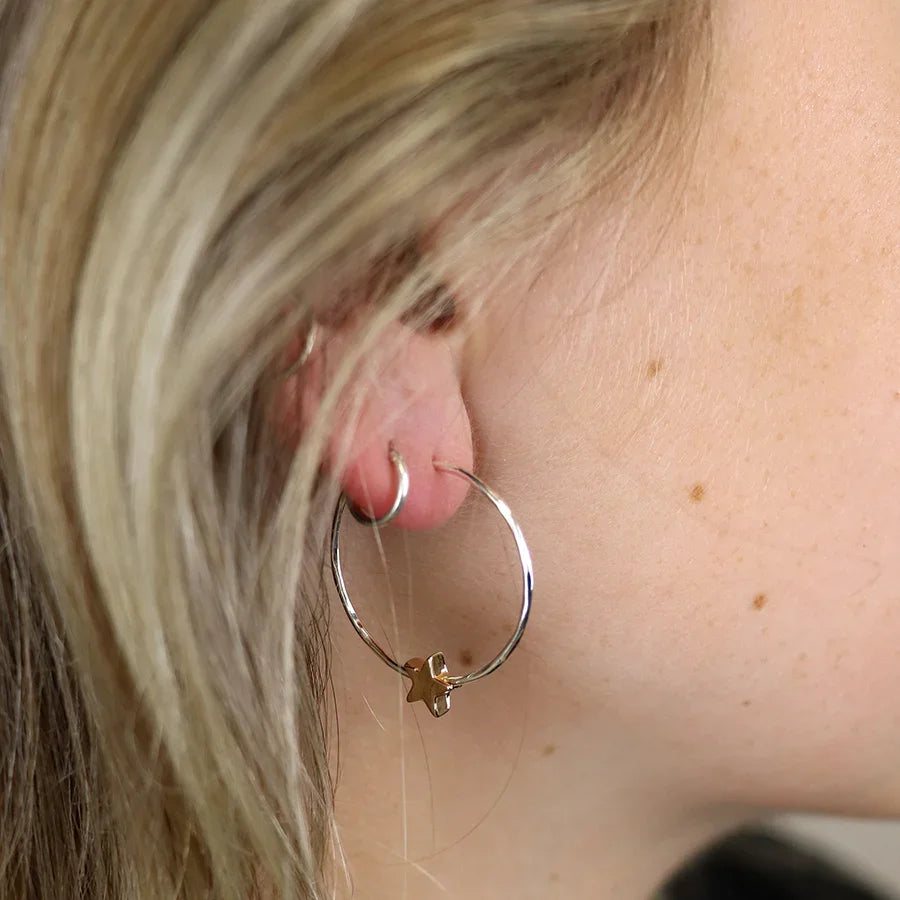 Silver Plated Organic Hoop & Golden Star Earrings