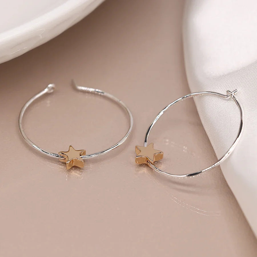 Silver Plated Organic Hoop & Golden Star Earrings