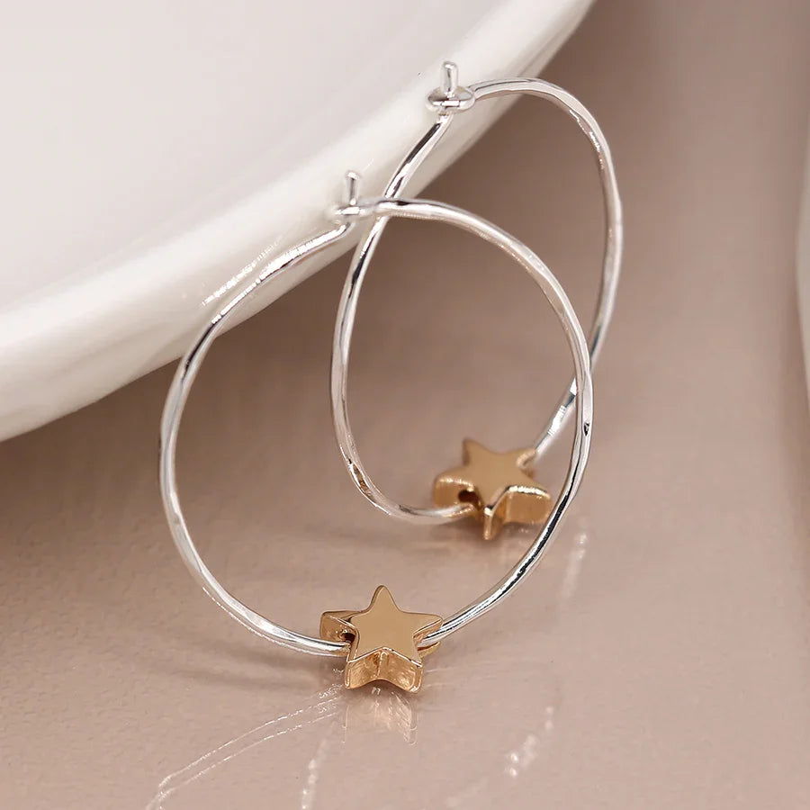 Silver Plated Organic Hoop & Golden Star Earrings