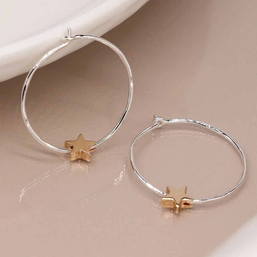 Silver Plated Organic Hoop & Golden Star Earrings