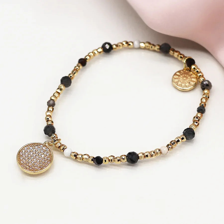 Faux Gold & Black Bead Bracelet with Concave Crystal Inset Disc