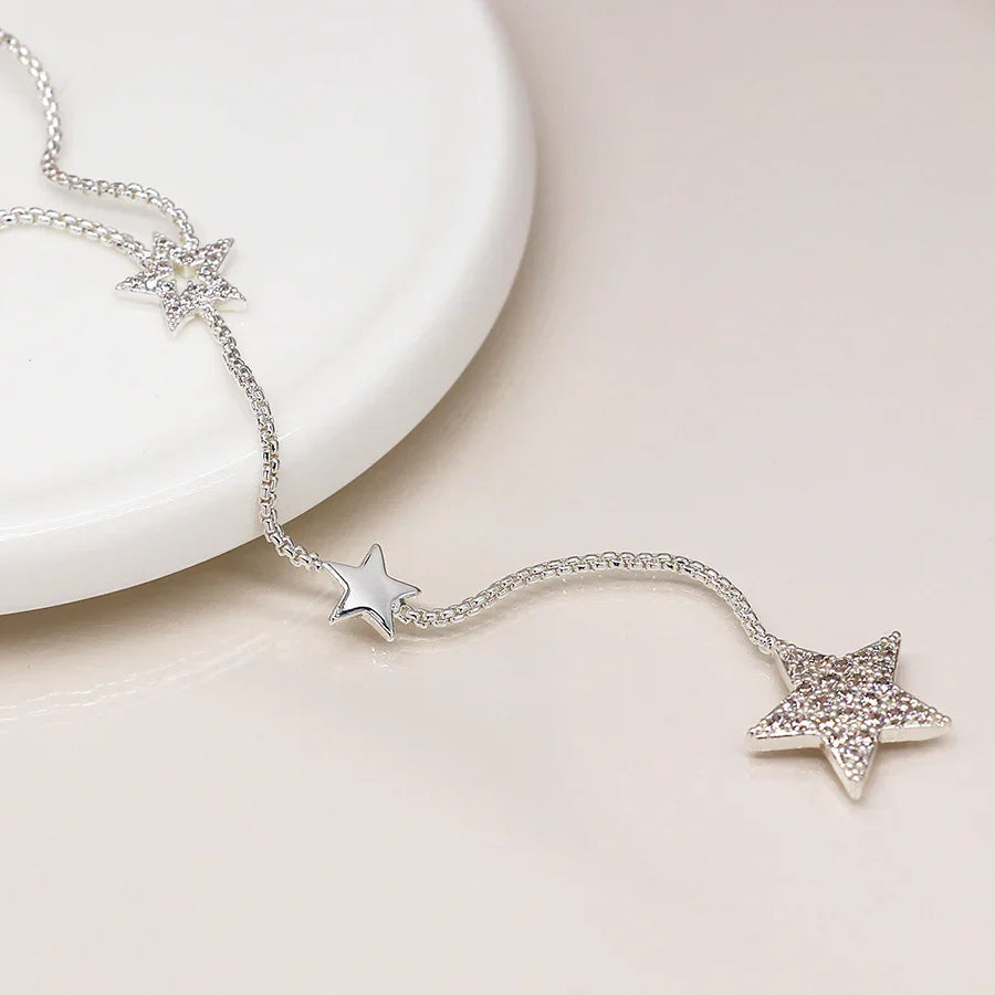 Silver Plated Multi Star Lariat Necklace with Crystal Detail
