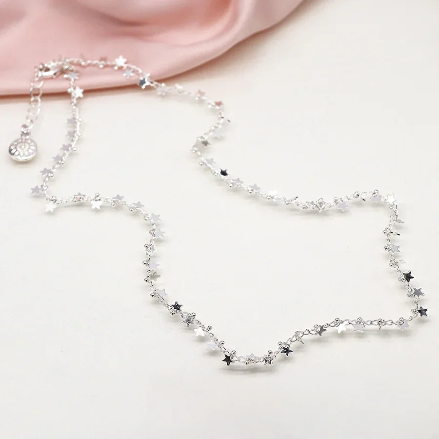POM - Silver Plated Multi Star & Tiny Bead Chain Necklace