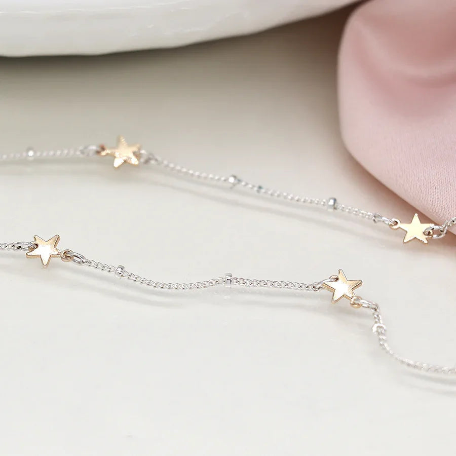 POM - Silver Plated Station Chain & Faux Gold Stars Necklace