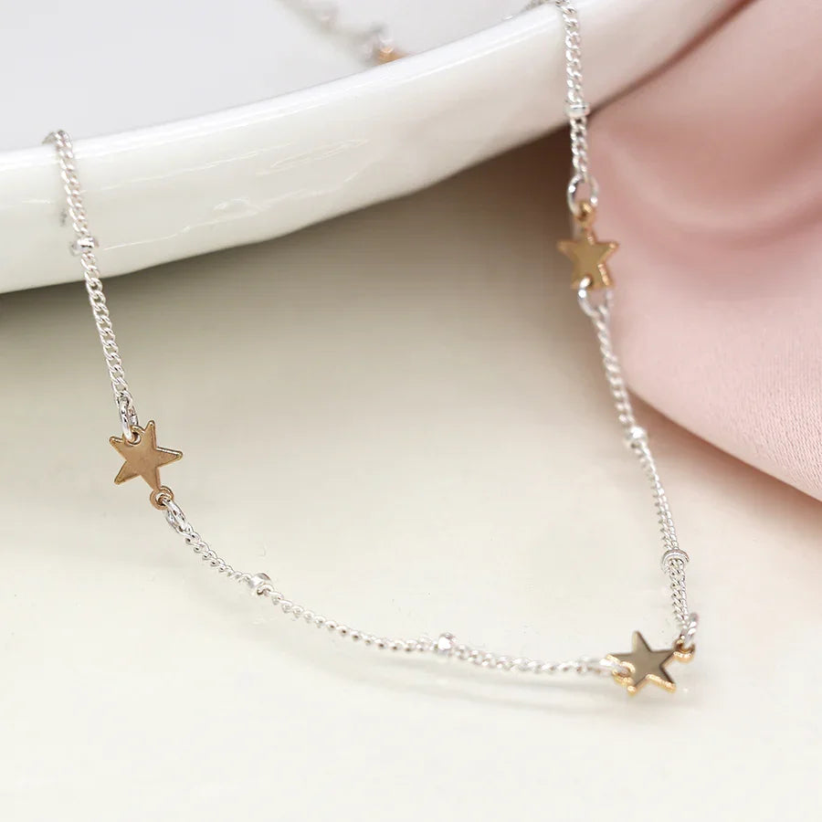 POM - Silver Plated Station Chain & Faux Gold Stars Necklace
