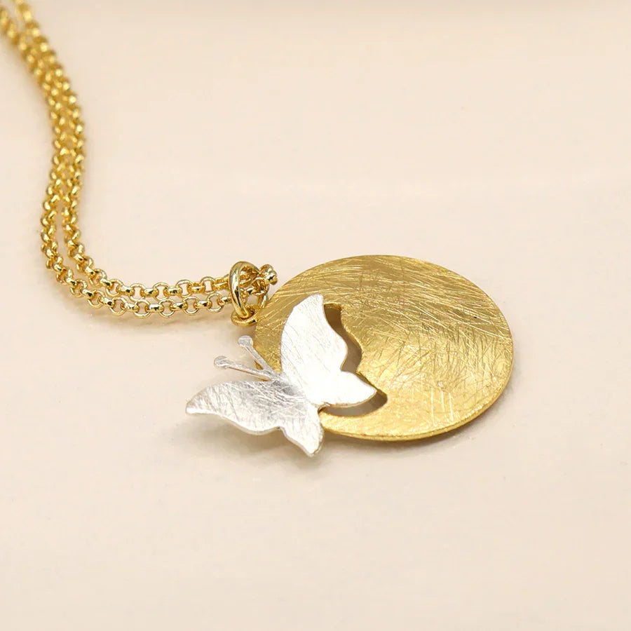 Golden Scratched Disc & Silver Plated Cut Butterfly Necklace