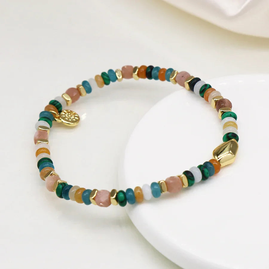 Blue Mix Bead Bracelet with Golden Pebble