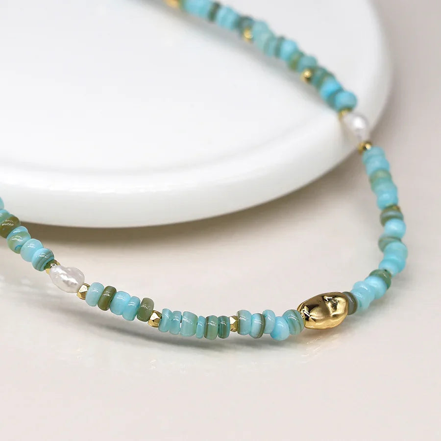 Mixed Aqua Blue, Pearl & Faux Gold Bead Necklace