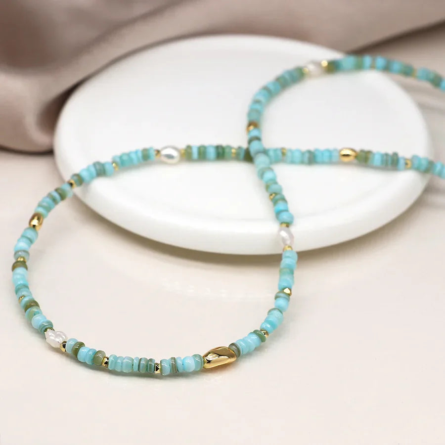 Mixed Aqua Blue, Pearl & Faux Gold Bead Necklace