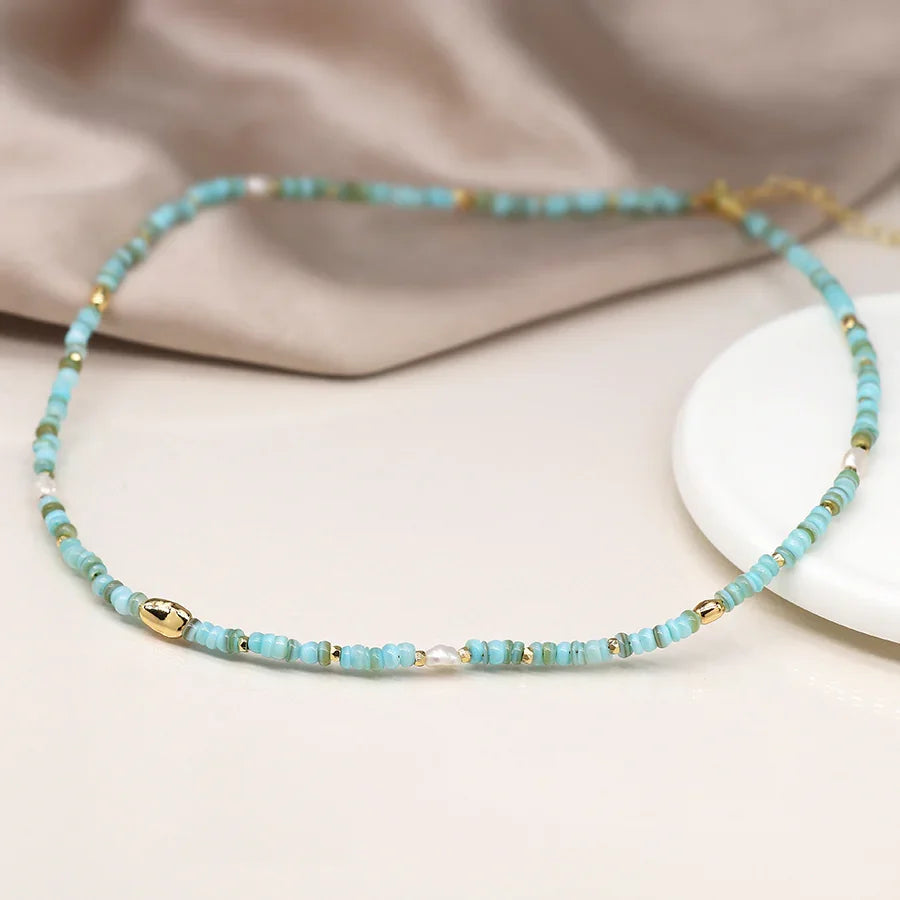 Mixed Aqua Blue, Pearl & Faux Gold Bead Necklace