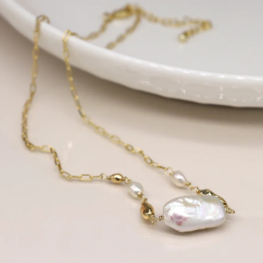 Faux Gold Plated Chain & Freshwater Pearl Necklace