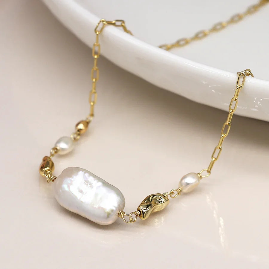 Faux Gold Plated Chain & Freshwater Pearl Necklace