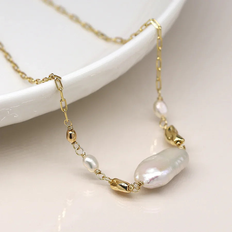 Faux Gold Plated Chain & Freshwater Pearl Necklace