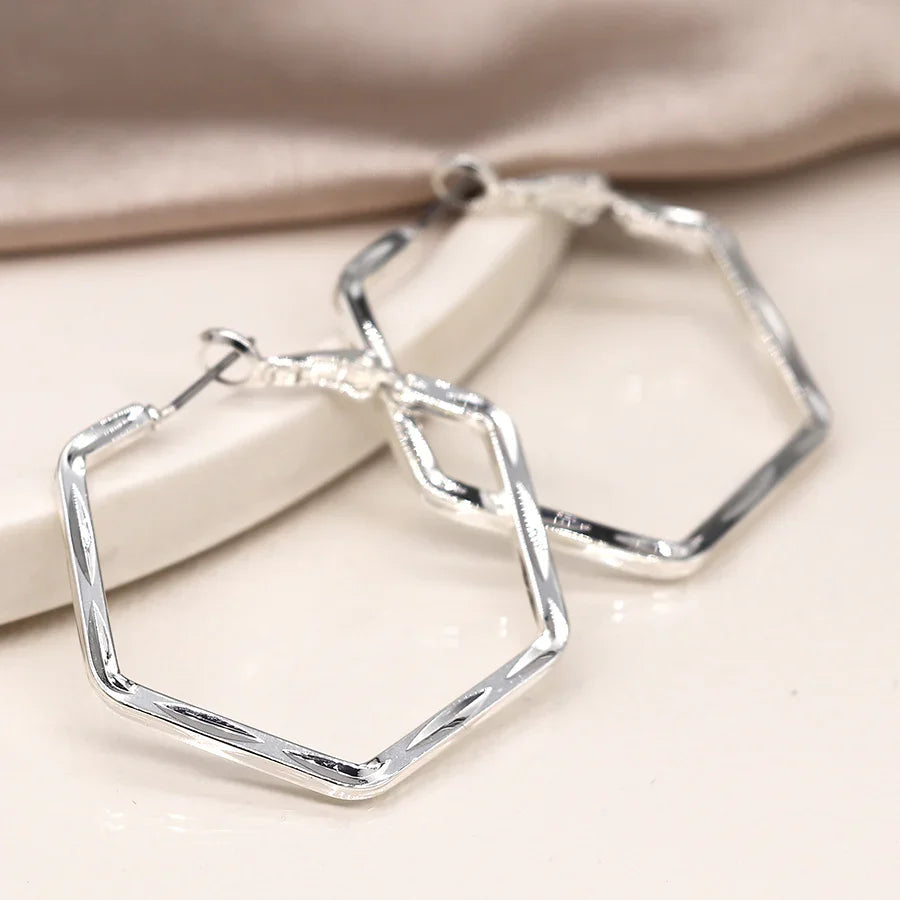 Silver Plated Hexagon Hoop Earrings