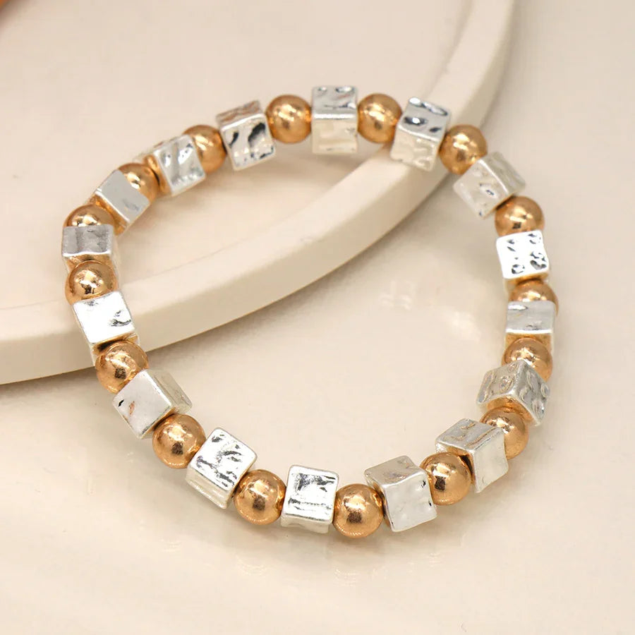 Silver Plated Cube & Gold Bead Bracelet