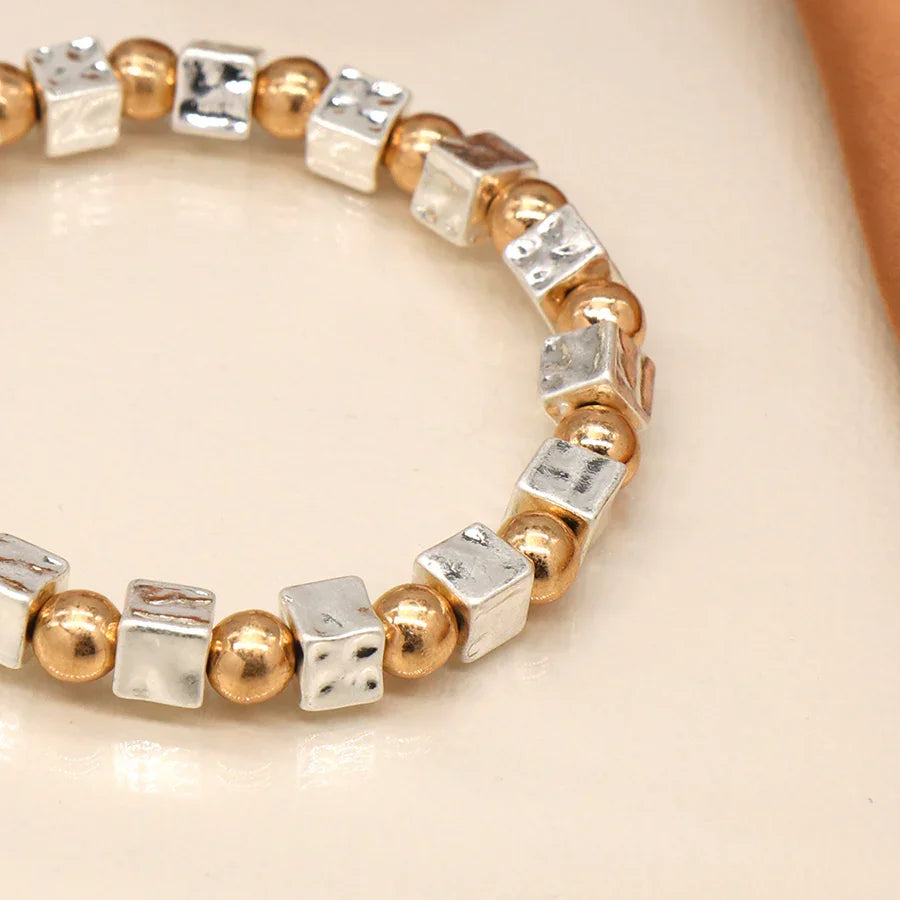 Silver Plated Cube & Gold Bead Bracelet