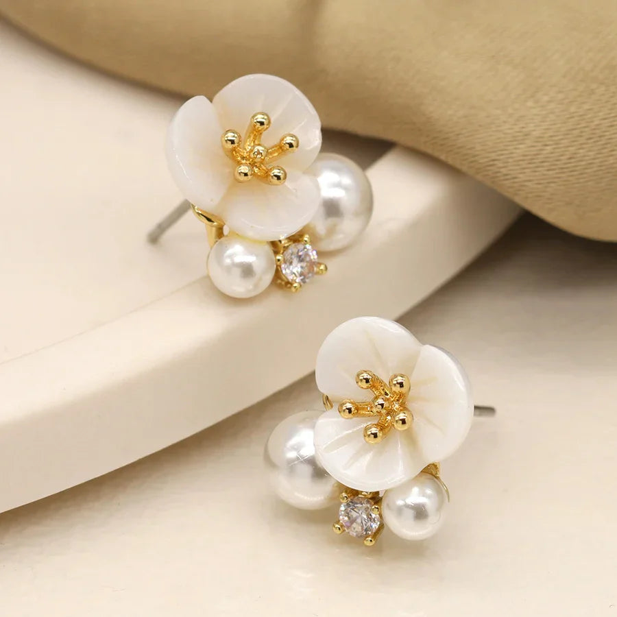 Faux Gold Plated Flower Pearl Cluster Studs