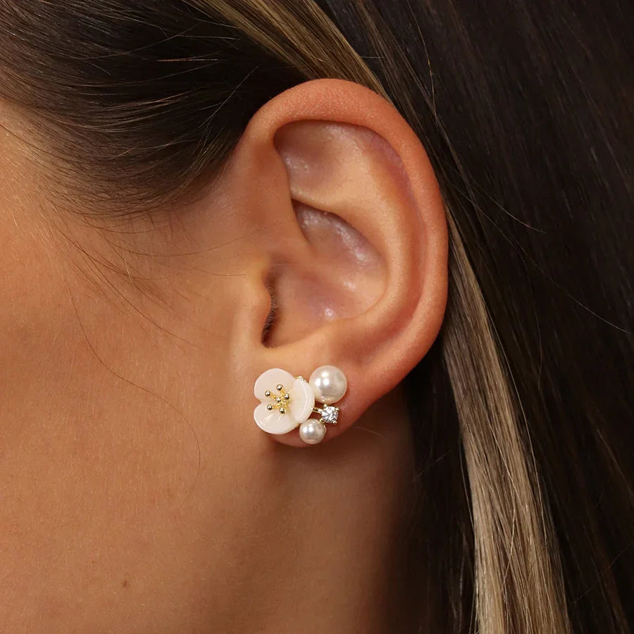 Faux Gold Plated Flower Pearl Cluster Studs