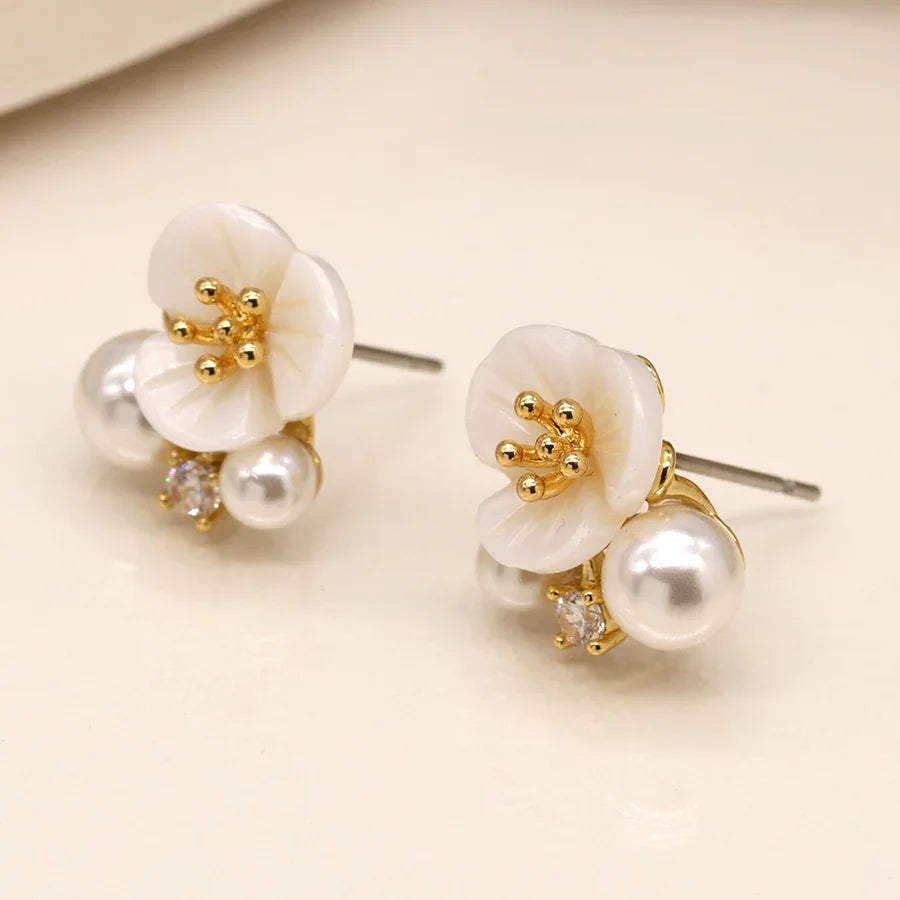 Faux Gold Plated Flower Pearl Cluster Studs