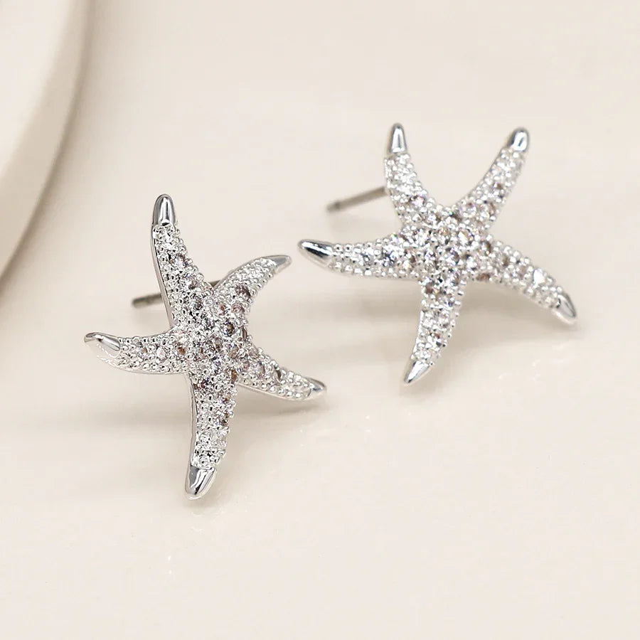 Silver Plated Crystal Starfish Studs