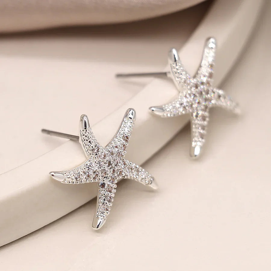 Silver Plated Crystal Starfish Studs