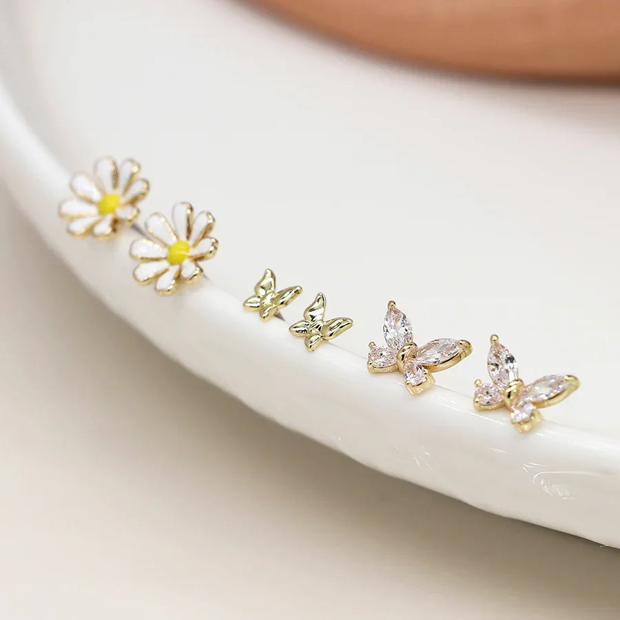 Golden Triple Flower & Butterfly Stud Set