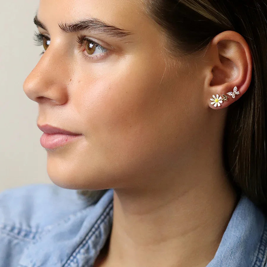 Golden Triple Flower & Butterfly Stud Set