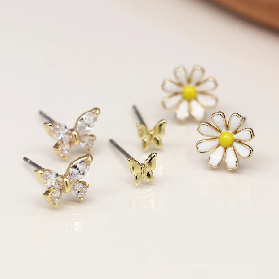 Golden Triple Flower & Butterfly Stud Set