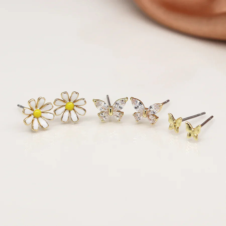 Golden Triple Flower & Butterfly Stud Set