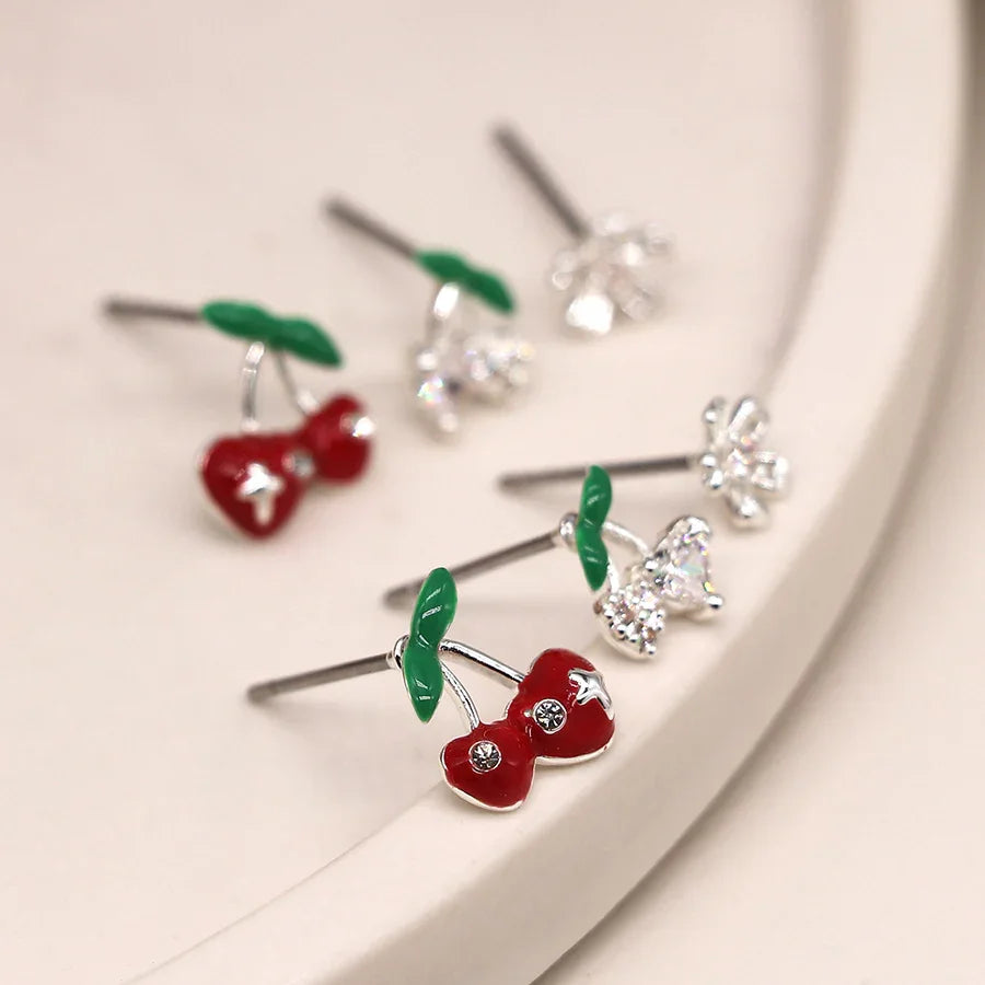 Silver Plated Cherry & Flower Triple Stud Set