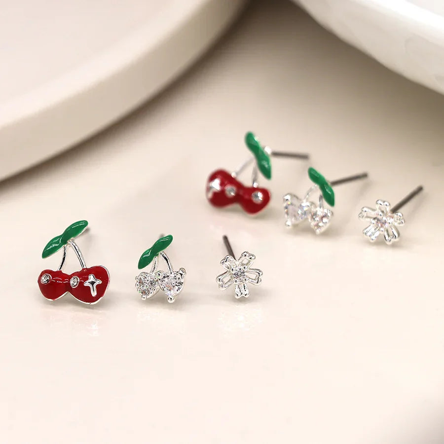 Silver Plated Cherry & Flower Triple Stud Set