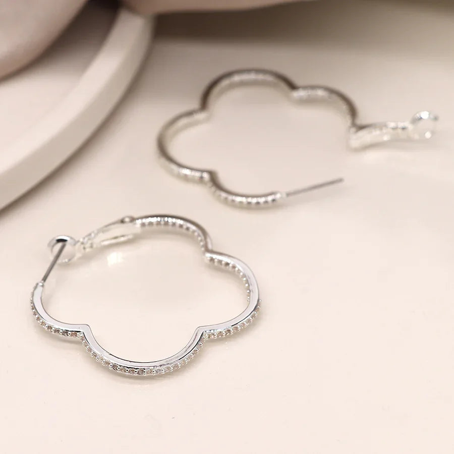 Silver Plated Large Crystal Quatrefoil Hoops